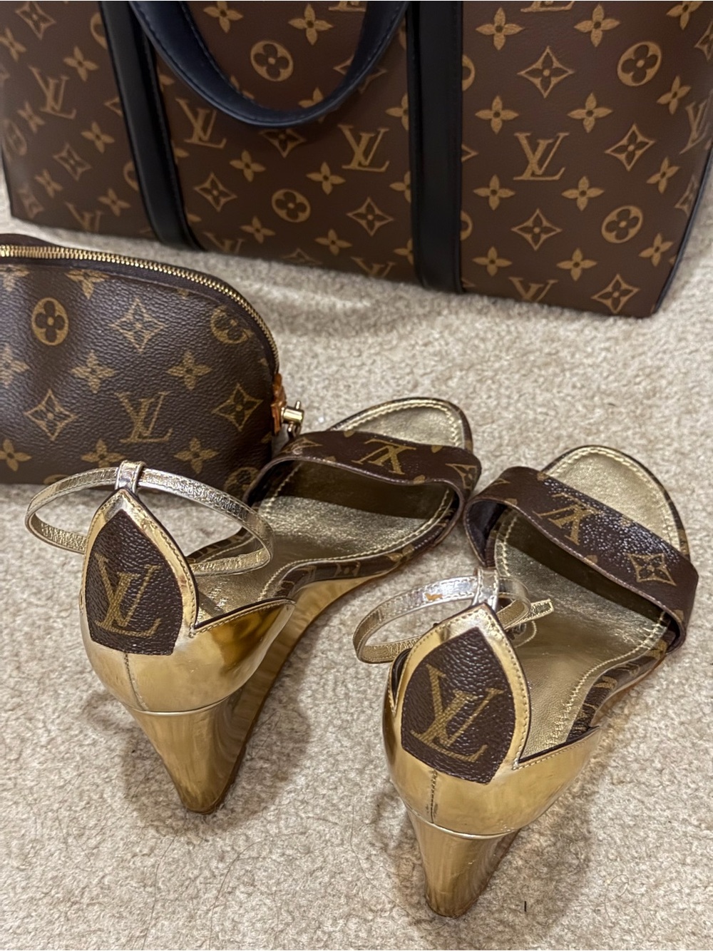 Authentic!! Louis Vuitton Brown Monogram & Gold Wedge Sandals